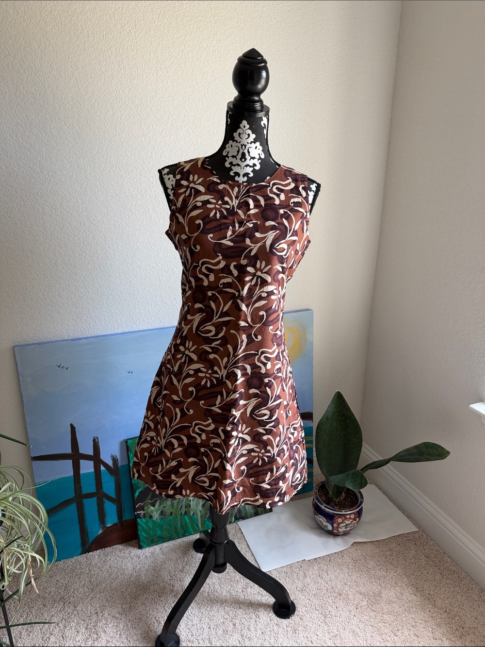 Jennifer Moore Brown and White Floral-Print Sleeveless Mini Dress